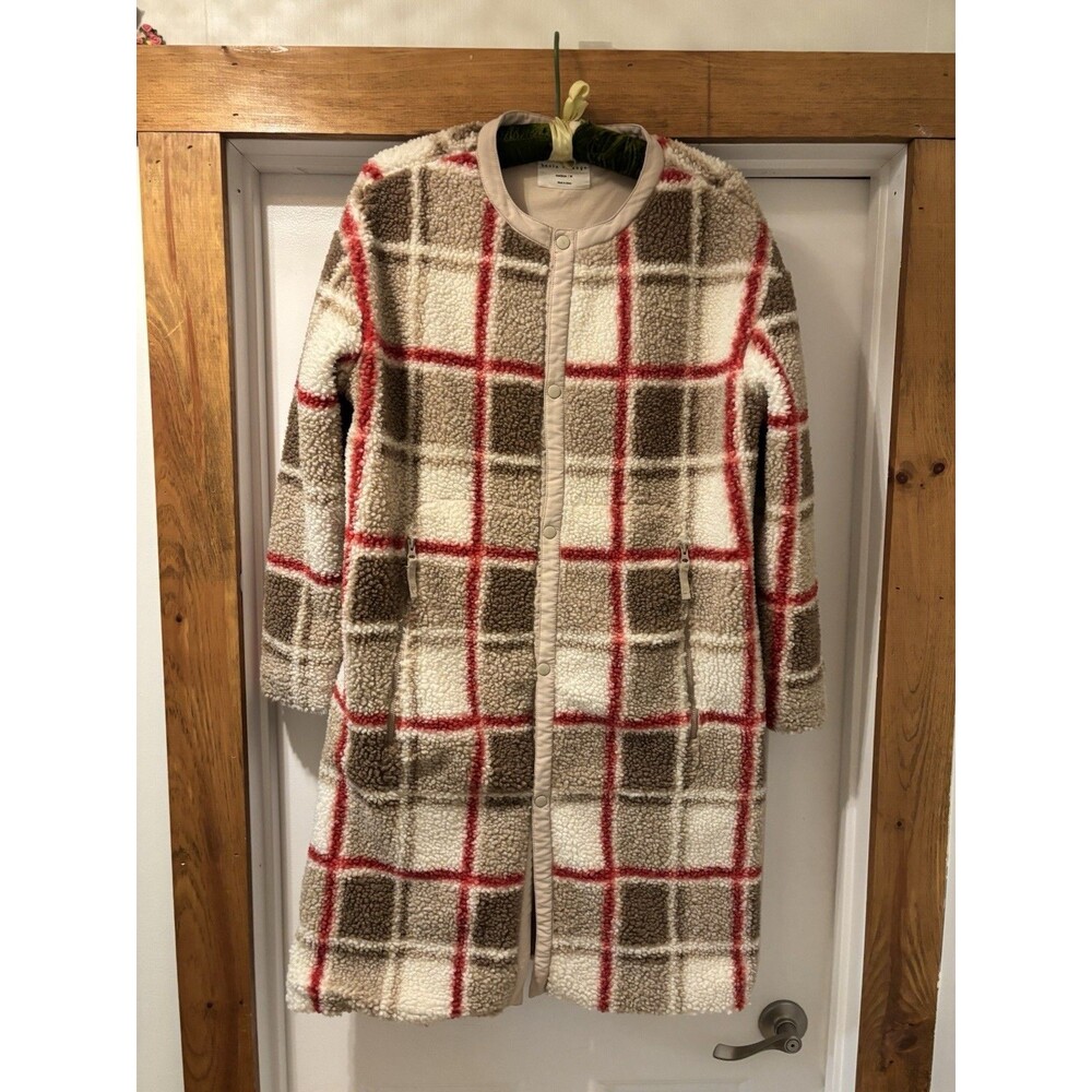 Basin + Range Plaid Sherpa Fleece Long Coat Jacket Beige Brown Red Size Medium